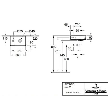 Подвесная раковина Villeroy&Boch Avento 36х22 белая 43003R01 - 1
