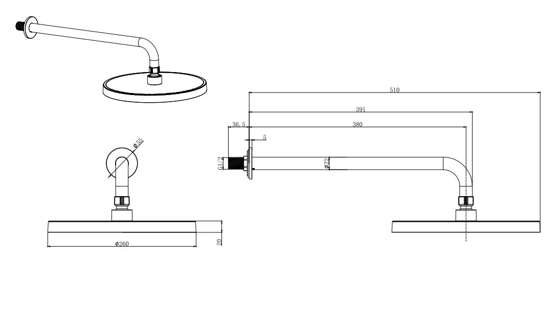 AQ2080MB верхний душ настенный 260мм, матовый черный - 1