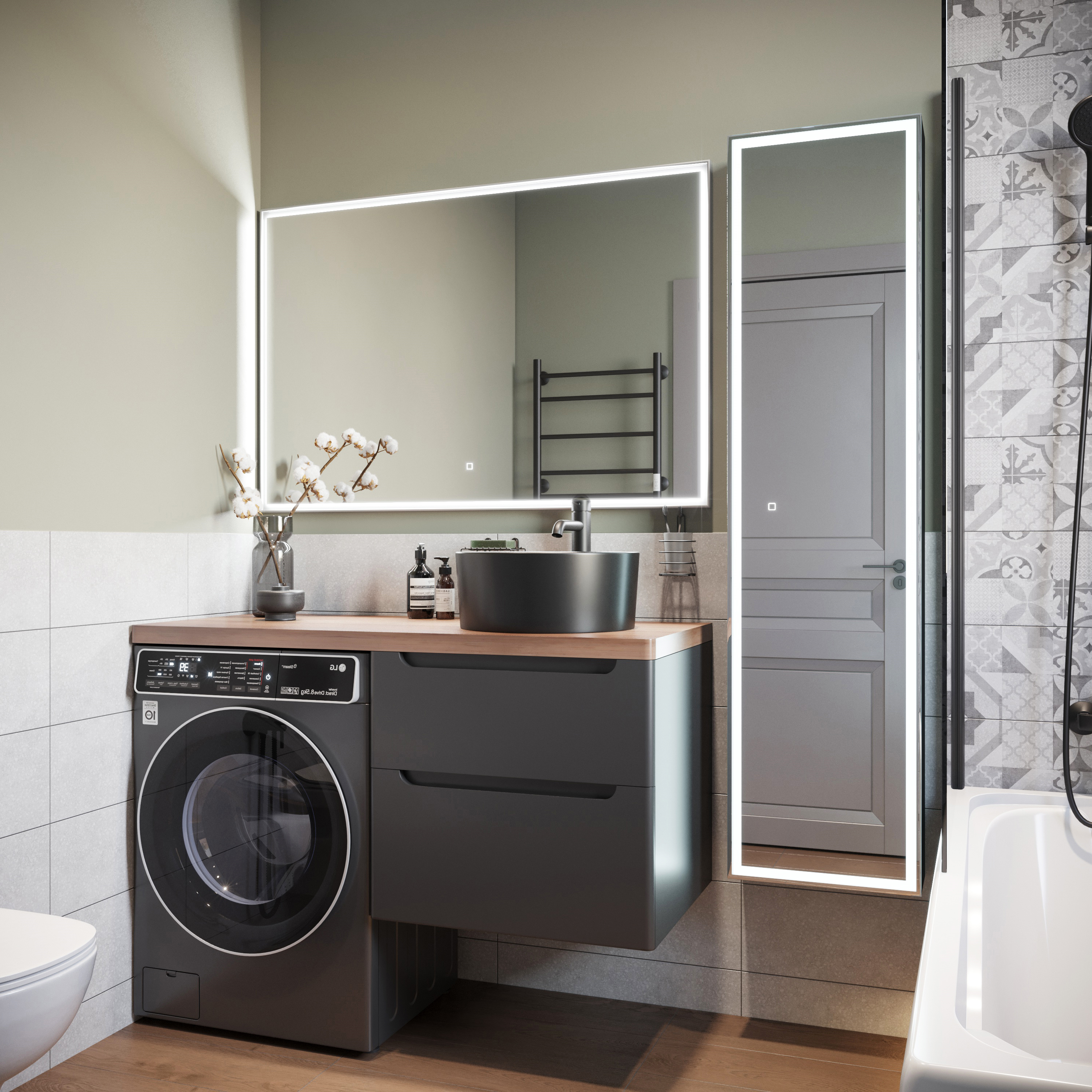 Мебель для ванной STWORKI Берген 60 серая с темной столешницей 122, раковина BOCCHI Vessel 1174-004-0125 черная, L 549762 - 2