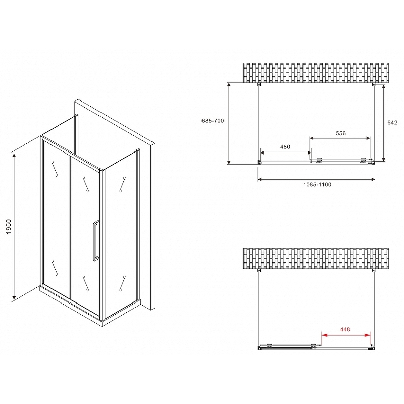 Душевой уголок Abber Schwarzer Diamant 110x70 профиль черный стекло матовое AG30110BMH-S70BM-S70BM - 4