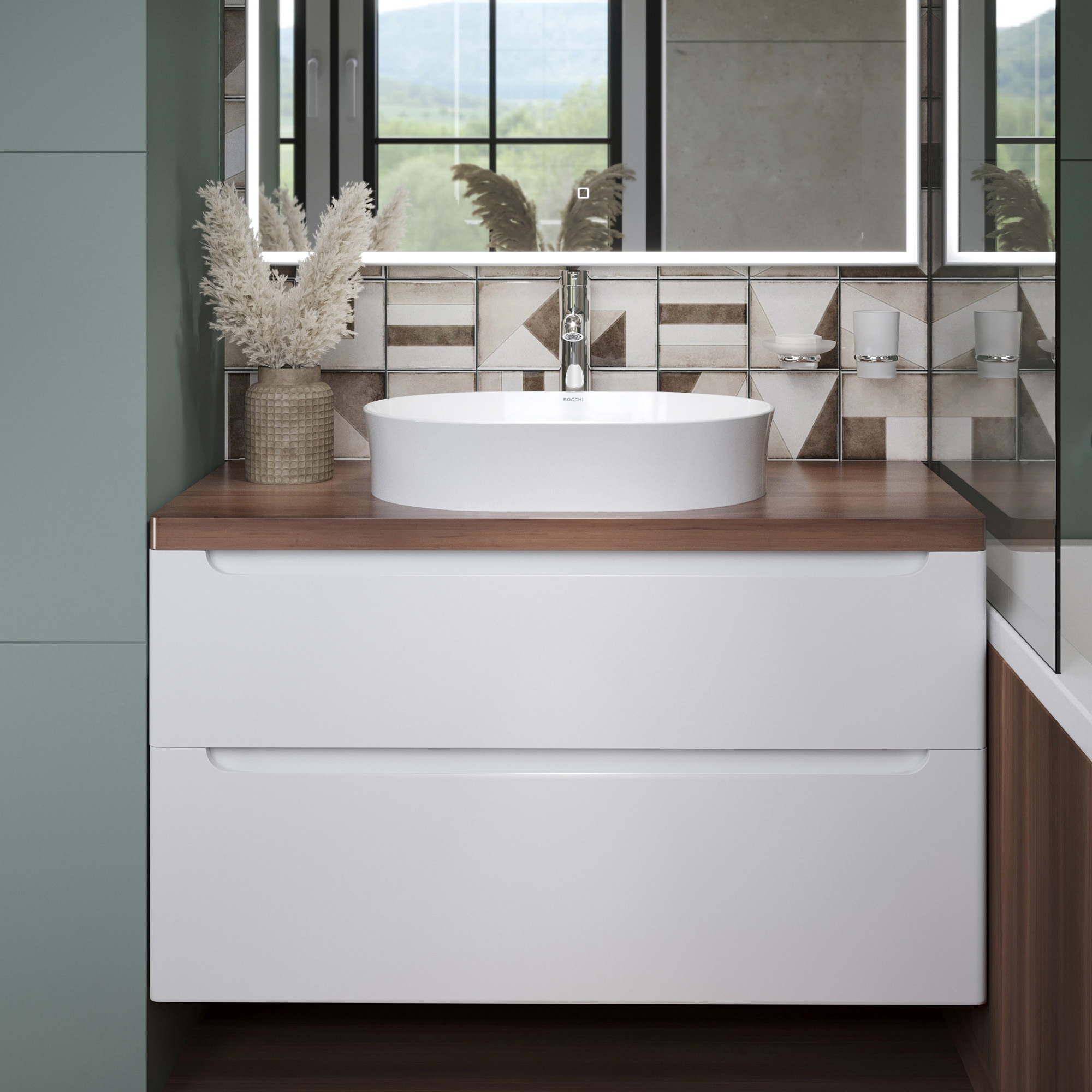 Тумба с раковиной STWORKI Берген 100 белая с темной столешницей, раковина Bocchi Sottile 1521-001-0125 566625 - 0