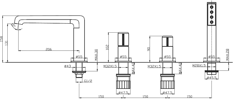 Смеситель BelBagno Uno на борт ванны UNO-BVD4-CRM - 1