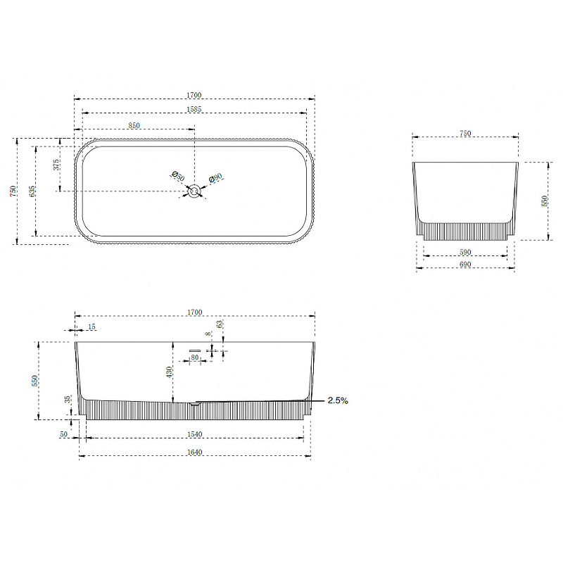 Ванна из искусственного камня Abber Stein 170х75 белый матовый AS9663 - 5