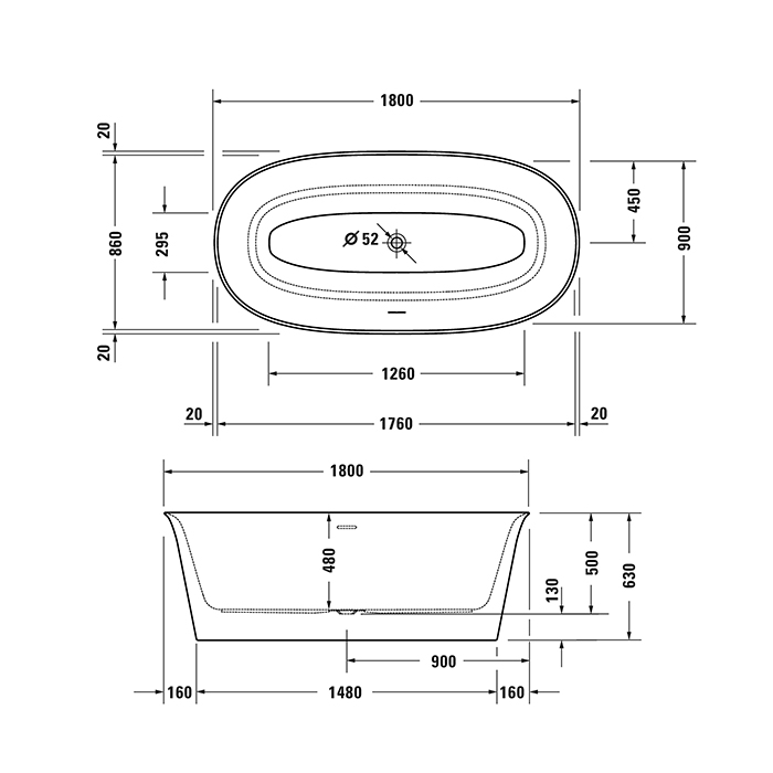 Duravit White Tulip Ванна акриловая 1800х900хh630 мм , отдельност., с бесш.панелью и рамой, с 2 накл для спины, со спец сливом и переливом, цвет белый 700469000000000 - 3