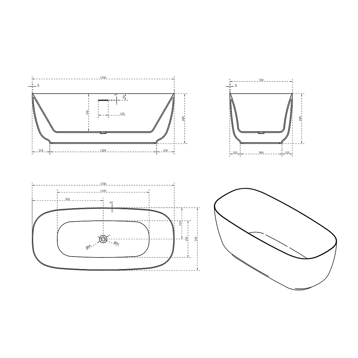 Ванна акриловая Vincea 170х75 белый VBT-631 - 3