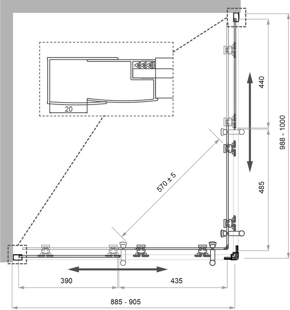 Душевой уголок BelBagno Uno 100х90 профиль хром стекло рифленое UNO-195-AH-2-100/90-P-Cr - 3