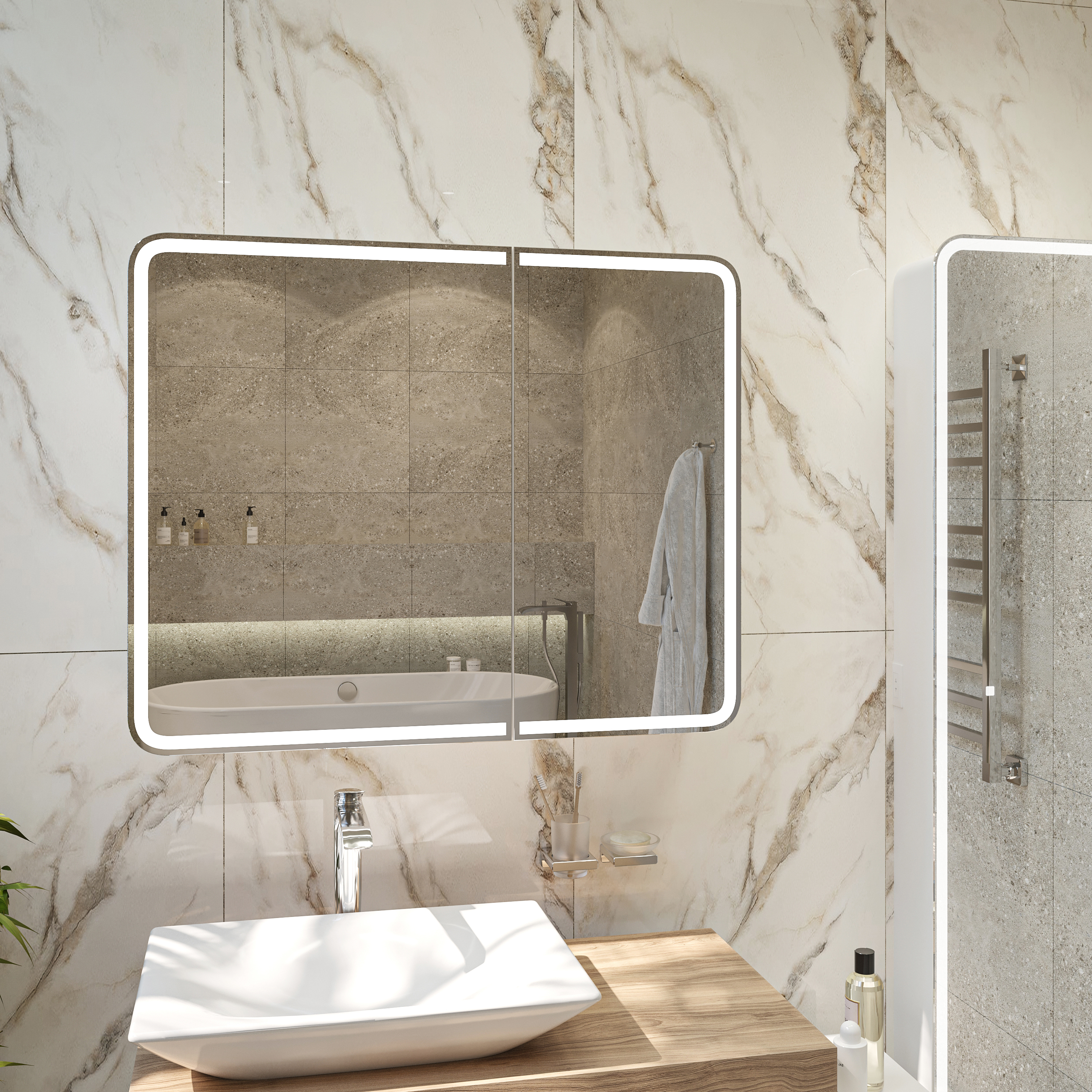 Зеркало-шкаф STWORKI Ольборг МВК080 100, с подсветкой, навесное, белое, большое, в стиле лофт, с розеткой - 9