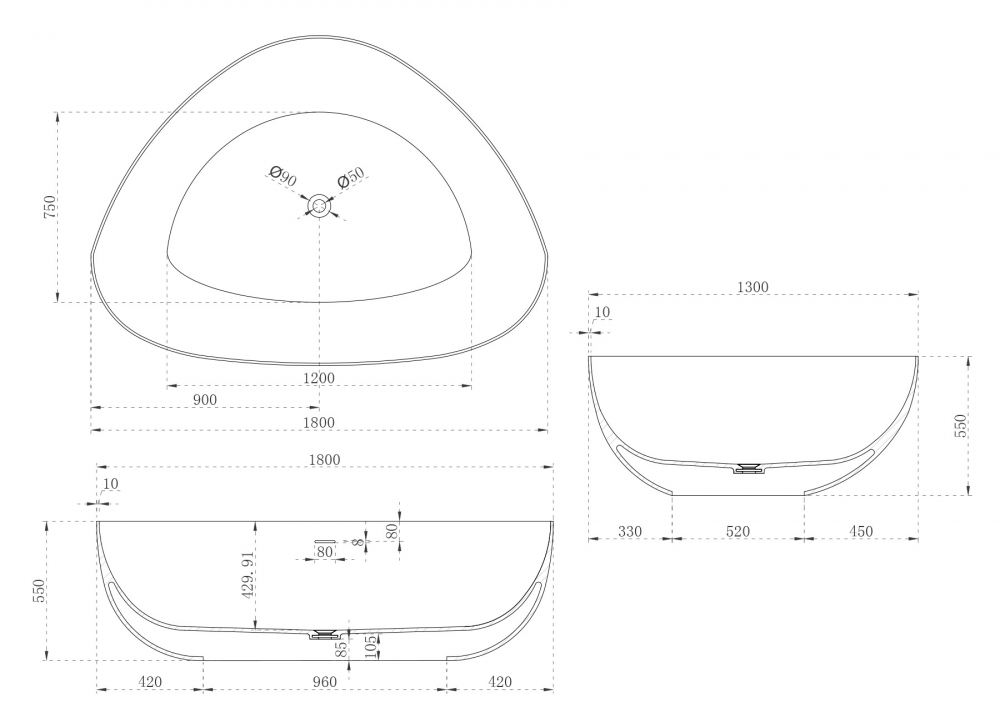 Ванна из искусственного камня Abber Stein 180х130 белый матовый AS9608 - 2