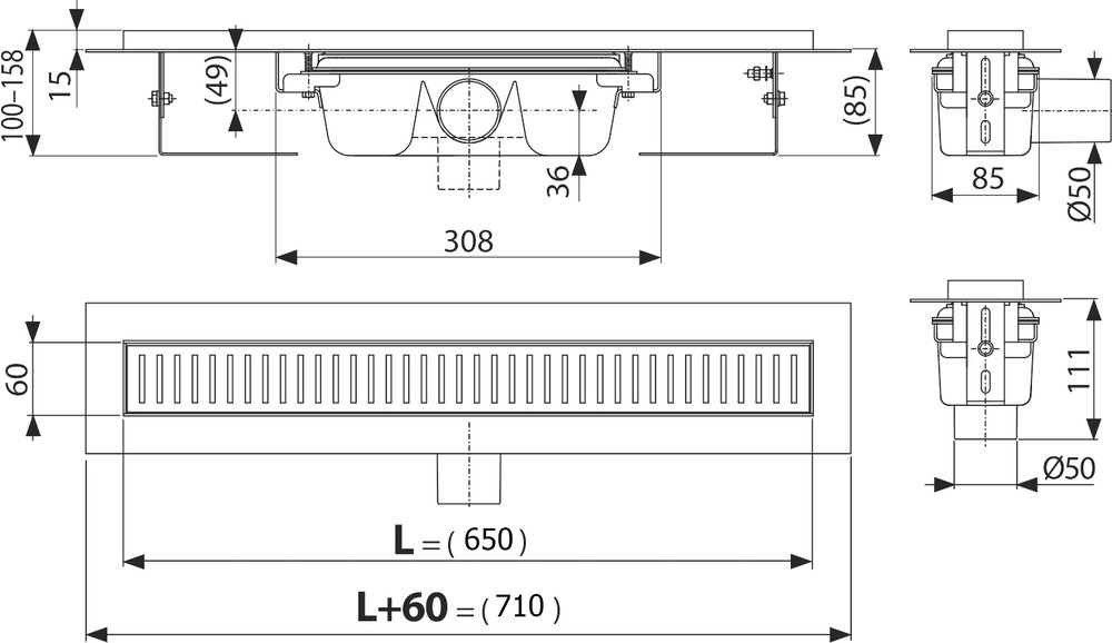 Душевой лоток AlcaPlast APZ1SMART-LINE-650 с опорами и решеткой - 5