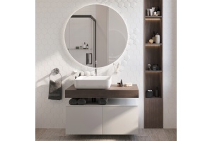 Мебель для ванной STWORKI Ольборг 100 столешница дуб карпентер, без отверстий, 2 тумбы 50, с раковиной STWORKI Soul 1 белой