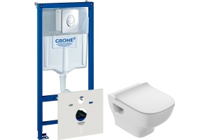 Комплект Система инсталляции для унитазов Grohe Rapid SL 38750001 4 в 1 с кнопкой смыва + Чаша для унитаза подвесного Jacob Delafon Struktura EDF102-00