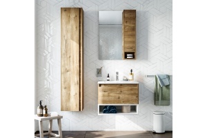 Мебель для ванной STWORKI Карлстад 60 дуб рустикальный, с белой полкой, в стиле лофт, под дерево, подвесная