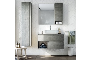 Мебель для ванной STWORKI Карлстад 90 дуб рошелье, монте тиберио, в стиле лофт, серая, подвесная (комплект, гарнитур)