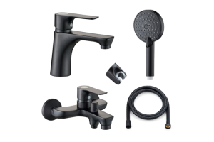 Orange Aristo M19-311b, set  in 1, цвет чёрный:1) Смеситель для умывальника;2) Смеситель для ванны/душа;3) Ручной душ 110 мм, 3 режима;4) Шланг в металлической ?