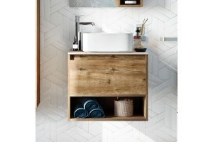 Тумба с раковиной STWORKI Карлстад 60 дуб рустикальный, роверелла, с отверстием под смеситель в столешнице