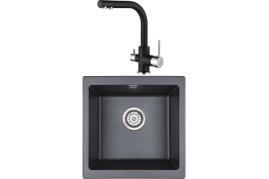Комплект Мойка кухонная Paulmark Brilon PM104546-BLM черный металлик + Смеситель Paulmark Essen Es213011-418 для кухонной мойки, черный металлик