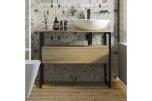 Тумба с раковиной DIWO Элиста 100 светлое дерево с раковиной Moduo 55 Leaf, чёрный муар