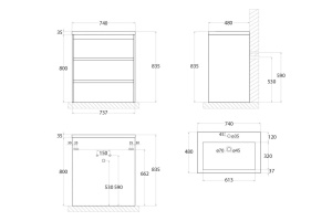FAMILY База под раковину напольная с тремя выкатными ящиками, Bianco Lucido, 750x470x845, FAMILY-750-3C-PIA-BL - 3