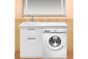 Тумба с раковиной Misty Куба 60 белая, под стиральную машину, с бельевой корзиной