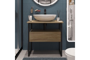 Тумба с раковиной DIWO Элиста 70 светлое дерево с раковиной Moduo 55 Leaf, чёрный муар