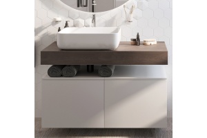 Столешница STWORKI Ольборг 100 дуб карпентер, без отверстий, 2 тумбы 50, с раковиной STWORKI Soul 1 белой