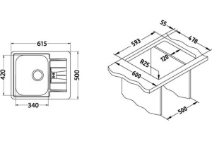 Мойка LINE 60 NAT-90  615X500 в компл. с сифоном 1064388, - 3