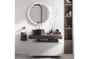 Мебель для ванной STWORKI Ольборг 100 столешница дуб карпентер, без отверстий, 2 тумбы 50, с раковиной BOCCHI Vessel черной