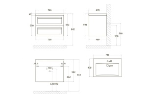 PLATINO База под раковину подвесная с двумя выкатными ящиками, Бирюзовый матовый AM-Platino-750-2C-SO-TM - 3