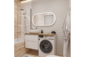 Тумба с раковиной STWORKI Берген 60 белая со светлой столешницей 122, Moduo 50 Square, R - 3