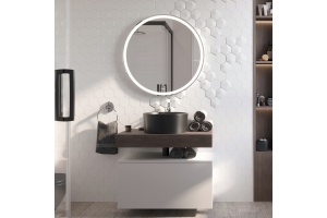 Мебель для ванной STWORKI Ольборг 80 столешница дуб карпентер, без отверстий, с тумбой 80, с раковиной BOCCHI Vessel черной