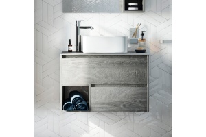 Тумба с раковиной STWORKI Карлстад 75 дуб рошелье, роверелла, с отверстием для смесителя в столешнице