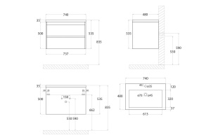 FAMILY База под раковину подвесная с двумя выкатными ящиками, Cemento Veneto, 750x480x550, Family-750-2C-SO-CV - 3