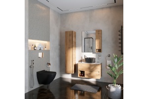 Мебель для ванной STWORKI Карлстад 75 дуб рустикальный, простоун беж, с раковиной BOCCHI Vessel черной - 3