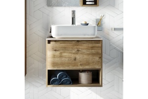 Мебель для ванной STWORKI Карлстад 60 дуб рустикальный, простоун беж, в стиле лофт, под дерево, подвесная, российская - 3