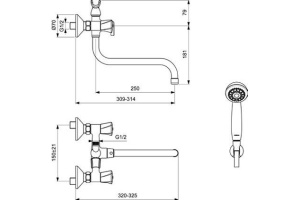 BA362AA LIFE Смеситель для ванны/душа, поворотный излив 250 мм, душевой гарнитур в комплекте (душевая лейка ?70 мм, металлический шланг 1500 мм, держа - 2