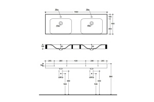 KERASAN Cento раковина двойная140х45 подвесная с 1отв на каждой раковине под смеситель, цвет белый - 2