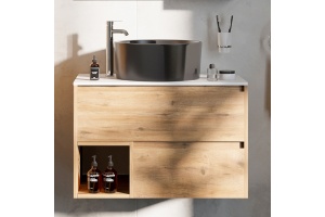 Тумба с раковиной STWORKI Карлстад 75 дуб рустикальный, простоун беж, BOCCHI Vessel черная