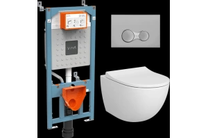 Комплект унитаза с инсталляцией Vitra Sento Rim-Ex с сиденьем микролифт и клавишей смыва хром матовый