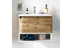 Тумба с раковиной STWORKI Карлстад 60 дуб рустикальный, с белой полкой