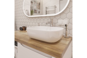 Тумба с раковиной STWORKI Берген 60 белая со светлой столешницей 122, Moduo 50 Square, L - 3