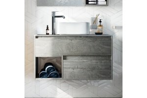 Тумба с раковиной STWORKI Карлстад 90 дуб рошелье, роверелла, с отверстием для смесителя в столешнице