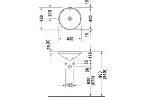 Duravit Architec Раковина встр., для встраивания снизу, с перел., без площадки под смес., глазуровка снизу,включая крепление под столешницу, Ø 400мм, - 3