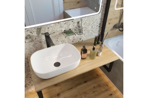 Мебель для ванной DIWO Элиста 100 светлое дерево, с раковиной Moduo 50 Square, в скандинавском стиле, овальная (гарнитур, мебель) - 3