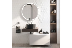 Мебель для ванной STWORKI Ольборг 60 столешница дуб карпентер, без отверстий, с тумбой 80, с раковиной BOCCHI Vessel черной