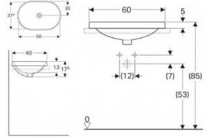 500.730.01.2 Geberit VariForm Раковина встраиваемая в столешницу эллиптической формы, 60х40 см, без отв. под смеситель, без отв. перелива - 2