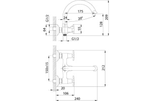 Смеситель двуручный для ванны с поворотным изливом 175мм, дивертор с керамическими пластинами, хром RS40-83 - 2