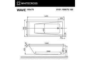 Акриловая ванна Whitecross Wave 150х70 белая золото с гидромассажем - 3