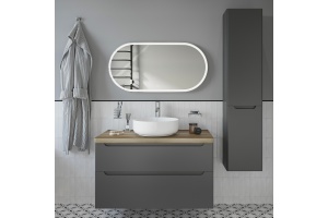 Мебель для ванной STWORKI Берген 100 серая со светлой столешницей, раковина Moon 1