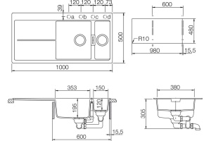Мойка  Horizont 60D  Cristadur (монтаж в один уровень со столешницей) аворио - 3