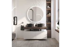 Мебель для ванной STWORKI Ольборг 120 столешница дуб карпентер, без отверстий, 2 тумбы 60 + 2 раковины BOCCHI Vessel, черная